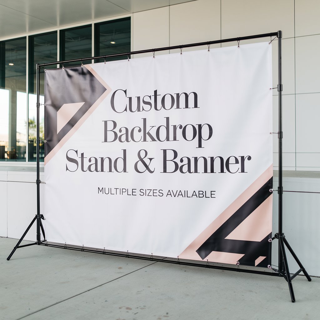 Heavy Duty Backdrop Stand + Custom Vinyl Banner (Multiple Sizes)